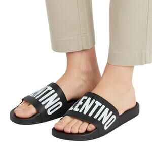 VALENTINO Black Footbed Gaia Leather Slide Sandals, IT42/US9